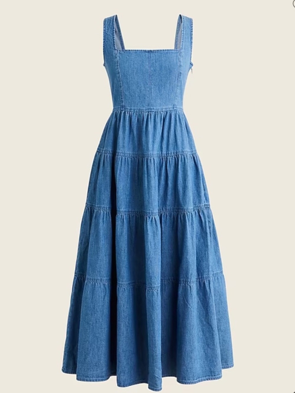 J. Crew Denim Tier Skirt Smocked Chambray Square Neck Dress 12 Large